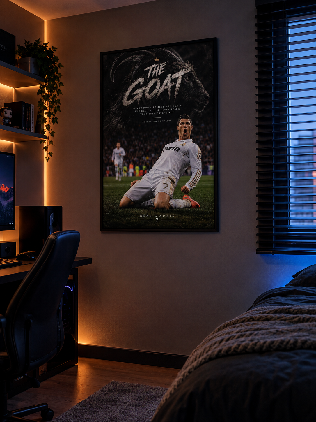 Póster Cristiano Ronaldo The GOAT en habitación gamer