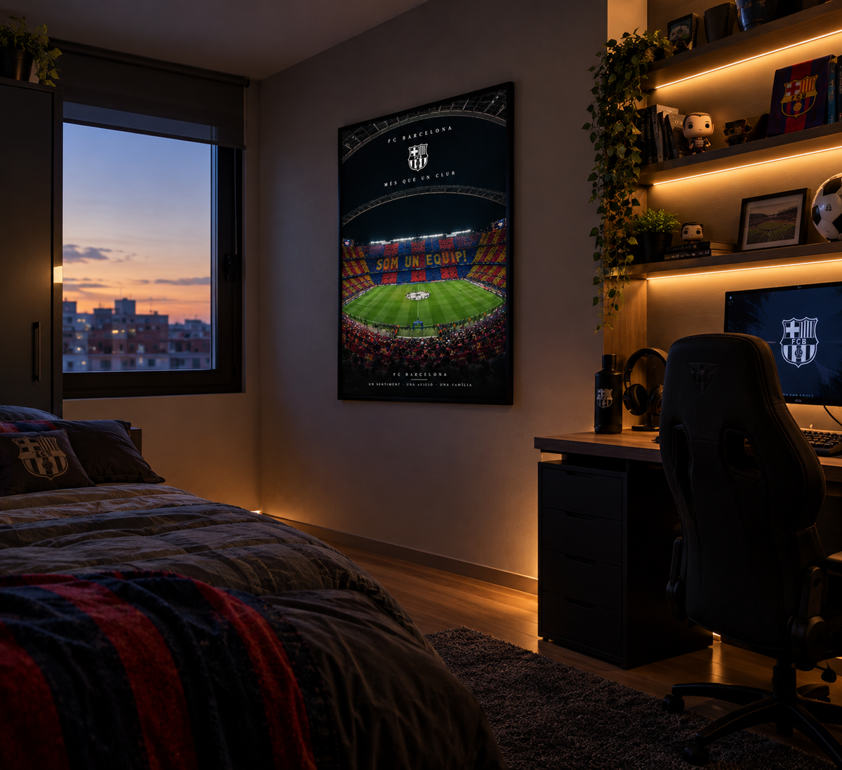 Póster FC Barcelona Més que un club junto al escritorio