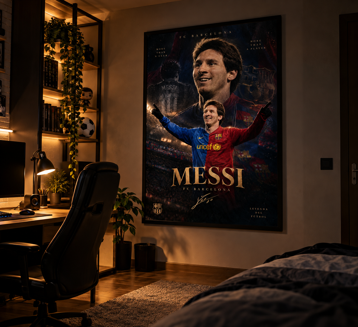 Póster Lionel Messi FC Barcelona en dormitorio con vistas a la ciudad
