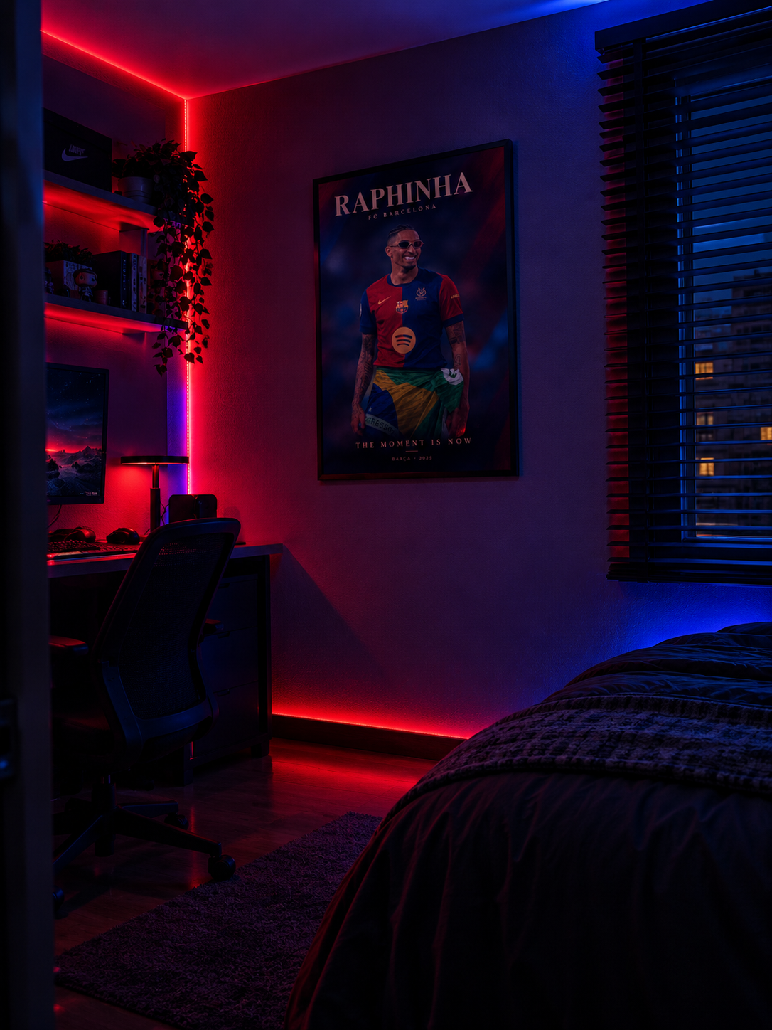 Póster Raphinha The Moment Is Now en habitación con luces LED