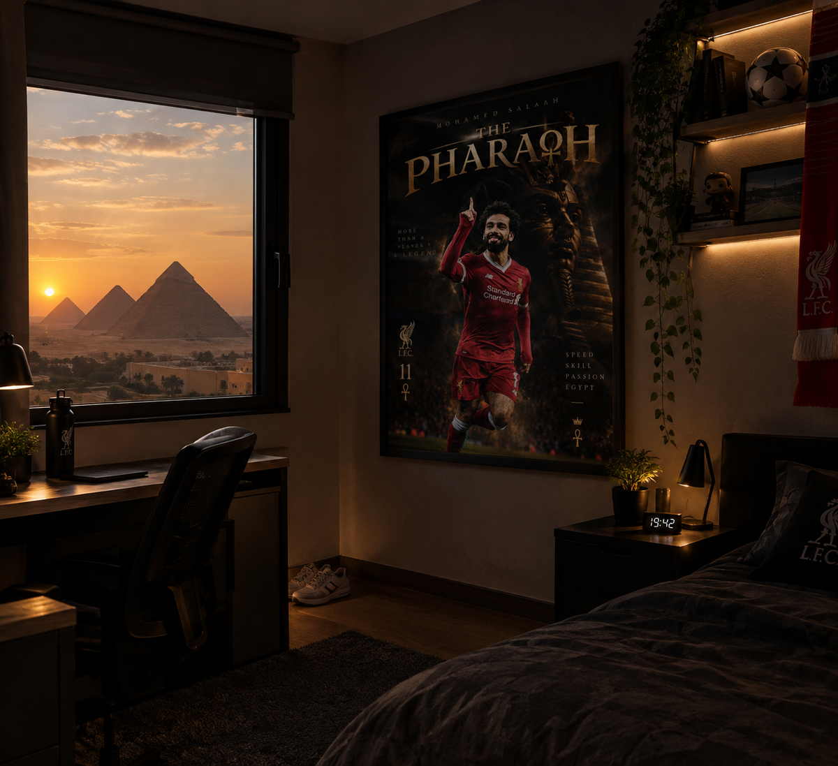 Póster Mohamed Salah The Pharaoh en habitación con vistas a las pirámides