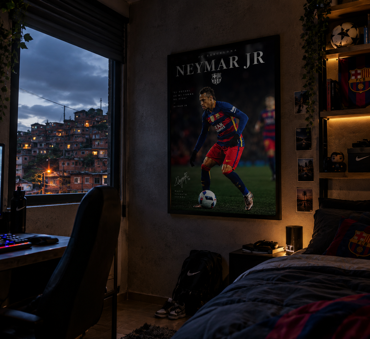Póster Neymar Jr FC Barcelona en habitación con vistas